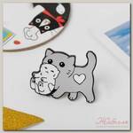 Значок 'Кошка с котёнком', цвет серо-белый в чёрном металле