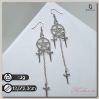 Серьги висячие 'Пентаграмма' с кинжалами, цвет серебро, 12,5см