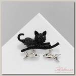 Брошь 'Котик' с уловом, цвет чёрно-зеленый в серебре